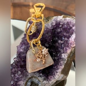 HANDMADE Flower Agate Natural Healing Stone Key Chain with Charms.